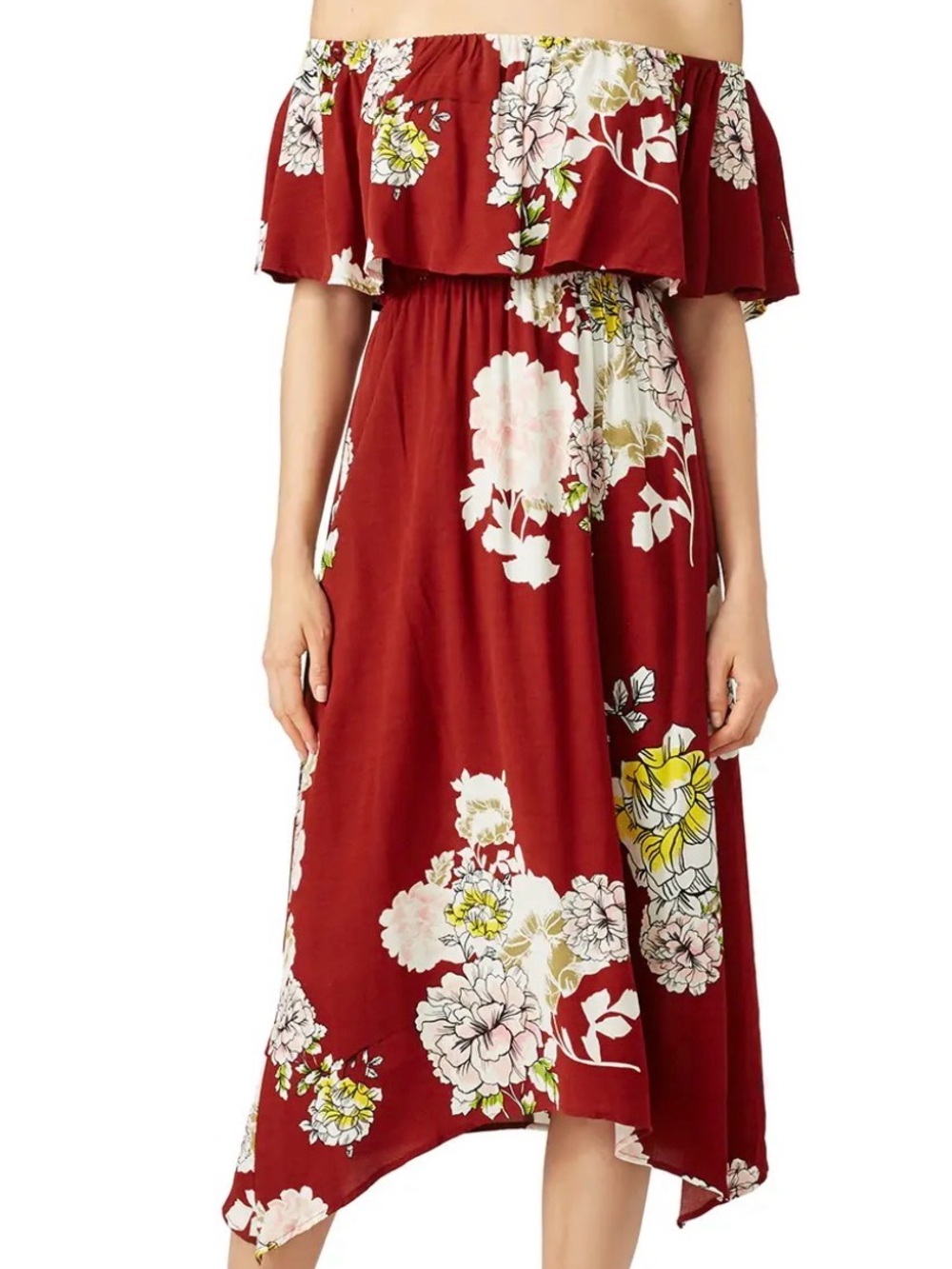 Astr Maroon Floral Off-Shoulder Midi Dress N0777